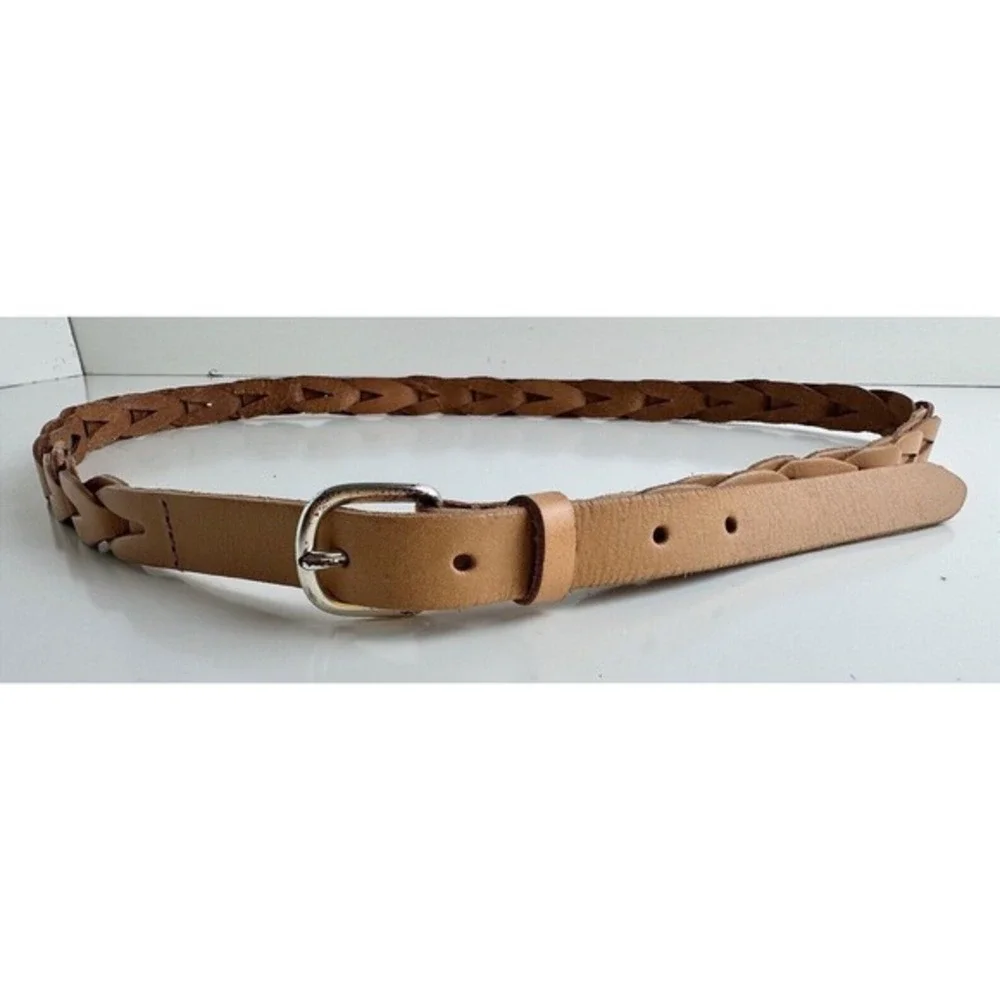 Tan Braided Leather Skinny Belt Silver Buckle Boho Cinch Waist Casual Chic 47-77